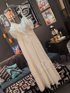 Cream Eyelet Maxi Dress with Ruffle Bodice